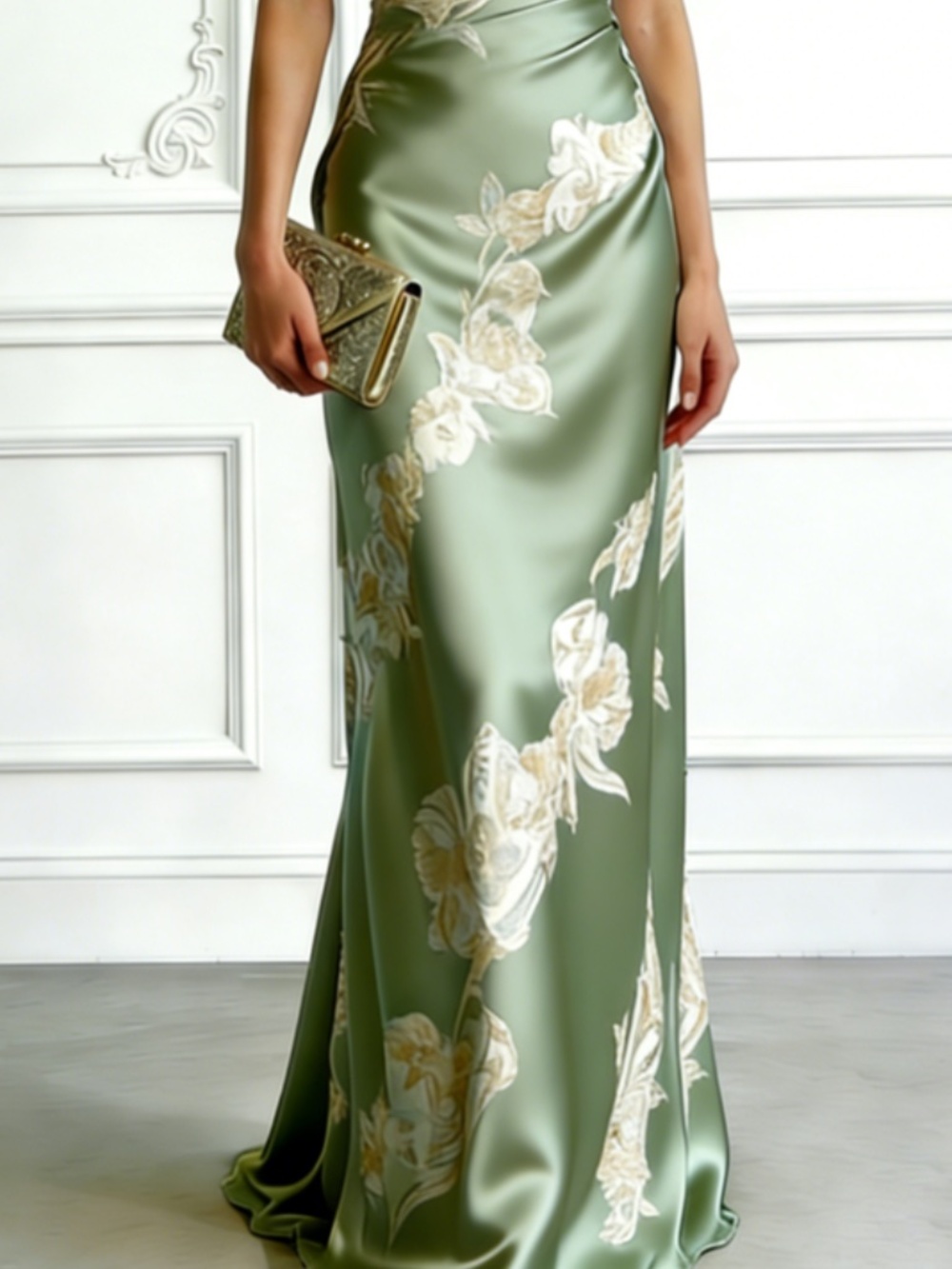 Light Green Floral Satin One Shoulder Sleeveless Sheath Floor-Length Gown Dress - Picture 3 of 4